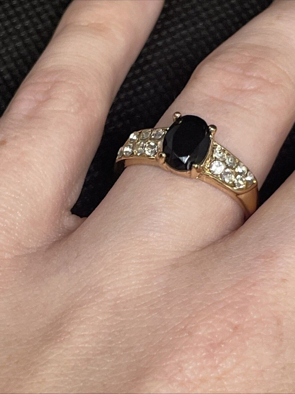 Size 8 1/2 Statement Ring With Black Faux Gemstone Gold Tone Faux Diamonds ￼
